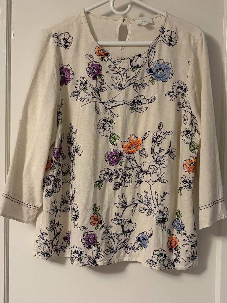 J Jill Botanial Garden Blouse Floral Embroidered Linen Blend 3/4 Sleeve Sz Large